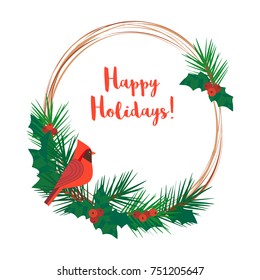 Season greeting card. Christmas decoration. Round pine fir tree wreath, winterberry holly. Red Cardinal bird of winter garden. Template for happy holiday banner new year eve party. Vector illustration