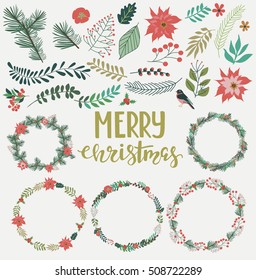 Season Greeting Card. Christmas Wreath Set With Winter Floral. Vector Illustration