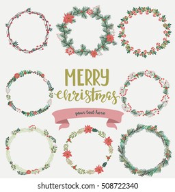 Season greeting card. Christmas wreath set with winter floral. Vector illustration