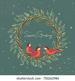 Season greeting card concept. Christmas decoration. Decorative pine tree wreath, red birds bullfinch. Template for winter season holiday banner, new year eve party greeting card. Vector illustration