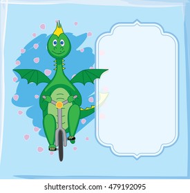 Season greeting card with dragon child on blue background. Spring, blue sky. Dragon rides a bike. Vector cartoon illustration.