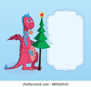 Season greeting card with dragon child on blue background. Christmas, New Year. Dragon decorate a Christmas Tree. Vector cartoon illustration.