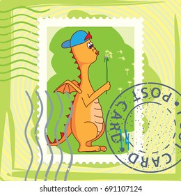 Season greeting card with dragon child. Summer, green. Dragon blows on a dandelion. Vector cartoon illustration. Line Art. Postage Stamp. Mark. Postcard.