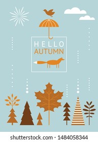 Season greeting card, Hello Autumn, poster design, postcard, banner. Stylized autumnal leaves, trees