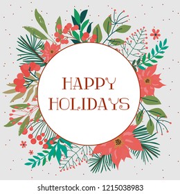 Season greeting card. Merry Christmas card with winter floral. Vector illustration