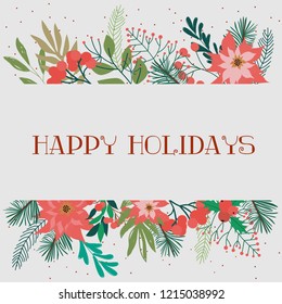Season greeting card. Merry Christmas card with winter floral. Vector illustration