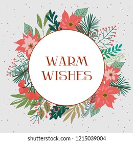 Season greeting card. Merry Christmas card with winter floral. Vector illustration
