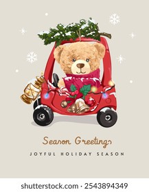 season greeting card template with bear doll in toy car and Christmas tree vector illustration