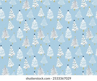 Season Greeting Hand drawn Christmas seamless pattern, pine trees, stars, snow,  Vector illustration.Not Ai ,Design for fashion , fabric, textile, wallpaper , wrapping and all prints