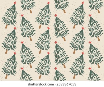 Patrón sin fisuras de Navidades dibujadas a mano, pinos, estrellas, nieve, Ilustración vectorial. Not Ai, diseño para la moda, tela, textil, Fondo de pantalla, envoltura y todos los estampados