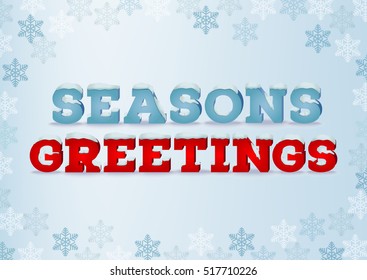 Season greeting inscription in 3d style on blue background with snowflakes. Winter phrase with snow cap text effect. Vector illustration