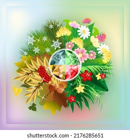 Season greeting vip card with diamond, leaves and flowers, vector illustration