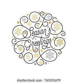 Season Greetings calligraphy lettering and golden snowflake pattern on white background for Christmas greeting card design. Vector golden New Year flourish swash holiday text Xmas decoration