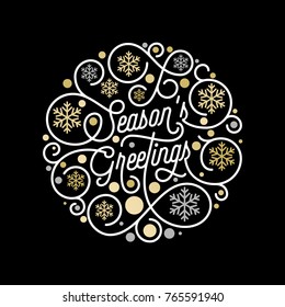 Season Greetings Calligraphy Lettering And Golden Snowflake Pattern On White Background For Christmas Greeting Card Design. Vector Golden New Year Flourish Swash Holiday Text Xmas Decoration Design