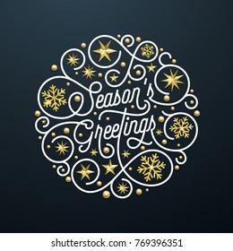 Season Greetings calligraphy lettering and golden snowflake star pattern decoration on white background for Christmas greeting card design. Vector golden sparkling New Year flourish Xmas holiday text