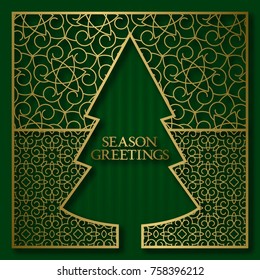 Season greetings card cover background with golden ornamental frame in Christmas tree shape.