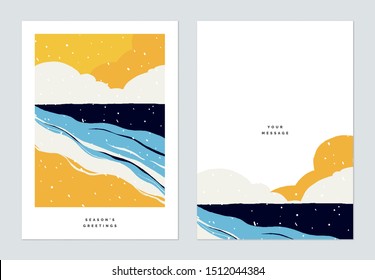 Season greetings card template design, snow over the beach and ocean landscape