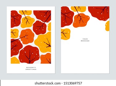 Season greetings card template design, snow over forest in ant eye view landscape