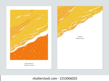 Season greetings card template design, aerial view of snow over the beach and ocean landscape