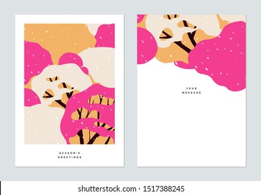 Season greetings card template design, snow over the forest