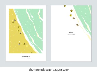 Season greetings card template design, aerial view of snow over the beach with beach umbrellas landscape
