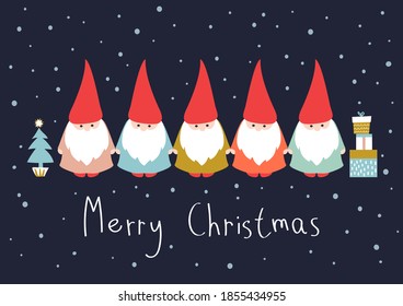 Season Greetings. Christmas card with cute little Gnomes. Vector design