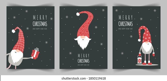 Season greetings. Christmas scandinavian cards. Cute little gnomes in red hats. Merry christmas and happy New year. Vector illustration in cartoon style. Noel vintage postcards on black background.