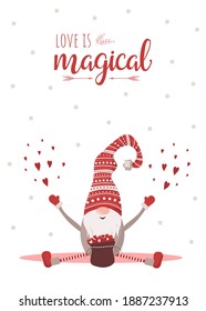 Season greetings. Valentines day scandinavian card. Cute little gnome in red hat. Love is magical. Vector illustration in cartoon style. Noel vintage postcards on white background.