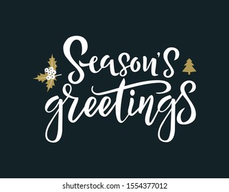 Season greetings white calligraphy phrase vector illustration. Winter handwriting inscription. Xmas and New Year postcard design element. Festive lettering isolated on black background