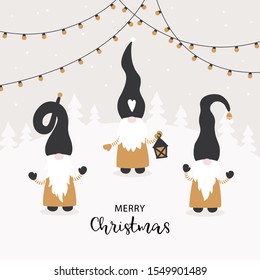 Season Greetings.Vector Christmas card with cute little Gnomes. Tomte gnomes vector illustration