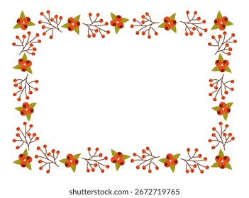 Season horizontal frame of branches of rowan with leaves and berries on a white background. Vector illustration