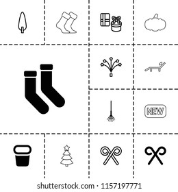 Season icon. collection of 13 season filled and outline icons such as socks, rake, candy cane, gift, pine-tree, fireworks. editable season icons for web and mobile.