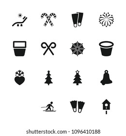 Season icon. collection of 16 season filled icons such as sunbed, socks, bell, christmas tree, flippers, pot for plants. editable season icons for web and mobile.