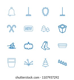 Season icon. collection of 16 season outline icons such as pumpkin, pine tree, socks, rake, pot for plants, skiing, new, bell. editable season icons for web and mobile.