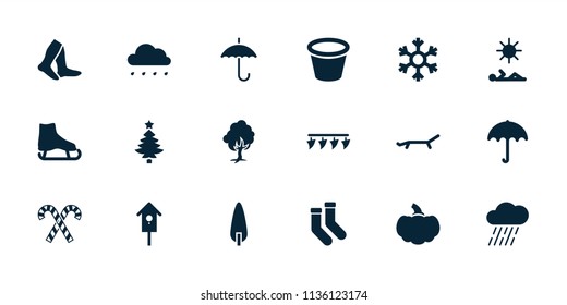 Season icon. collection of 18 season filled icons such as umbrella, socks, ice skate, rain, pot for plants, pine-tree, nesting house. editable season icons for web and mobile.