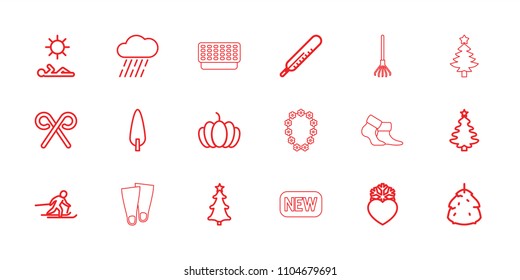 Season icon. collection of 18 season outline icons such as berry, thermometer, christmas tree, rain, pine-tree, pumpkin. editable season icons for web and mobile.