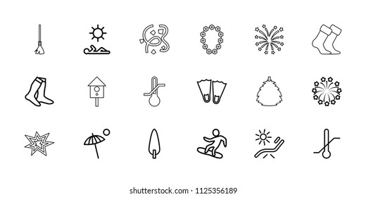 Season icon. collection of 18 season outline icons such as sunbed, socks, flippers, pine-tree, thermometer, fireworks, snowboard. editable season icons for web and mobile.