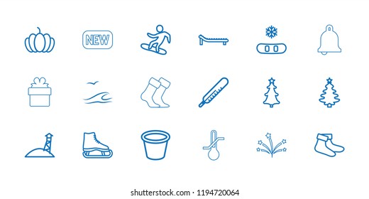 Season icon. collection of 18 season outline icons such as thermometer, socks, ice skate, snowflake, christmas tree, pot for plants. editable season icons for web and mobile.