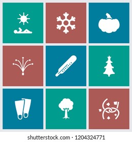 Season icon. collection of 9 season filled icons such as thermometer, tree, christmas tree, fireworks, snowflake, flippers, pumpkin. editable season icons for web and mobile.