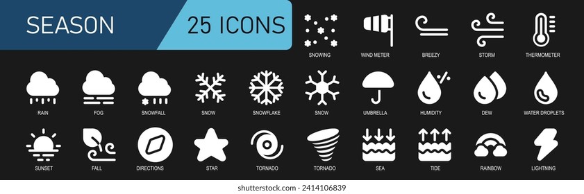 season icon collection.white style.contains snowfall,wind meter,wind,storm,temperature,fog,rain,snowflakes,umbrella,sea tide,rainbow,lightning.good for weather forecast.