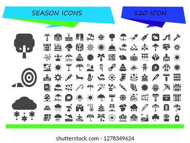  season icon set. 120 filled season icons. Simple modern icons about  - Tree, Snow, Blower, Palm tree, Jacket, North pole, Scarf, Sunbed, Sun, Deck, Fireworks, Thermometer, Weather