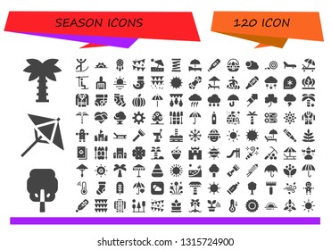 season icon set. 120 filled season icons.  Simple modern icons about  - Palm tree, Tree, Umbrella, Skiing, Sunrise, Ornament, Garland, Beach umbrella, Spring, Sunbed, Thermometer