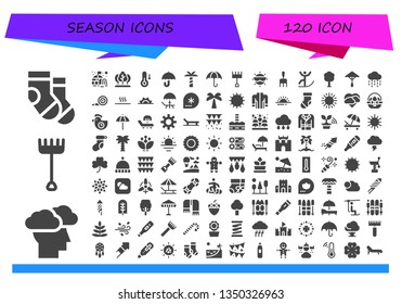 season icon set. 120 filled season icons.  Simple modern icons about  - Socks, Storm, Rake, Igloo, Tree, Temperature, Umbrella, Palm tree, Sun, Skiing, Rain, Blower, Hot, Sunrise