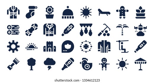 season icon set. 32 filled season icons. on blue background style Simple modern icons about  - Jacket, Woods, Sun, Rake, Christmas sock, Snowboard, Sunrise, Tree, Sunflower, Coat