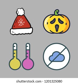 season icon set. vector set about cloudless, thermometers, pumpkin and winter hat icons set.