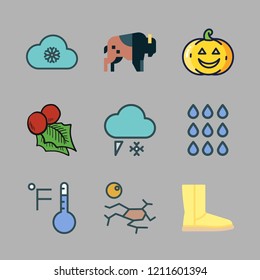 season icon set. vector set about drought, pumpkin, mistletoe and rain icons set.
