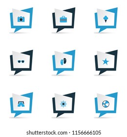 Season icons colored set with baggage, beach sandals, sea star sun elements. Isolated vector illustration season icons.