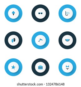 Season icons colored set with beach sandals, bikini, baggage watermelon elements. Isolated vector illustration season icons.