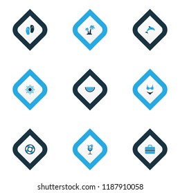 Season icons colored set with bikini, beach sandals, trees sun elements. Isolated vector illustration season icons.