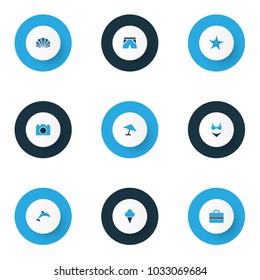 Season icons colored set with sea star, parasol, baggage and other swimsuits elements. Isolated vector illustration season icons.